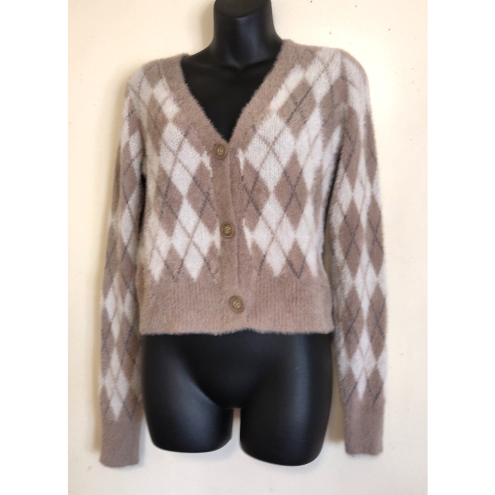 William Rast Cropped Cardigan Sweater XS Argyle Furry Fuzzy Preppy School Girl